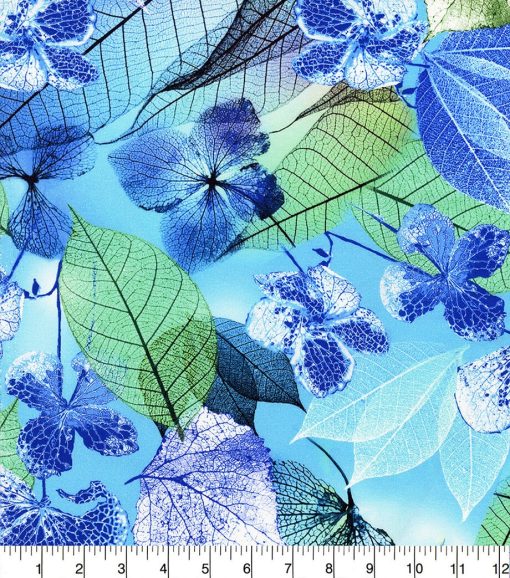 Blue Neon Leaves Premium Cotton Fabric - Image 2