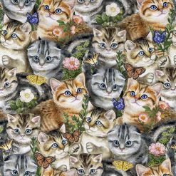 Kittens   Butterflies Novelty Cotton Fabric