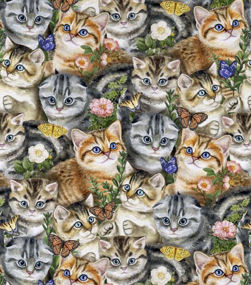 Kittens   Butterflies Novelty Cotton Fabric