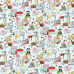 Cats on Sewing Machines on Blue Novelty Cotton Fabric