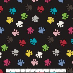 Novelty Cotton Fabric Multi Colors Paws on Black