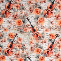 Floral Violins on White Novelty Cotton Fabric