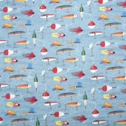 Blue Fishing Hooks   Bobbins Novelty Prints Cotton Fabric