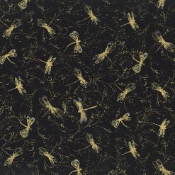 Hi Fashion Yellow Dragonfly Black Premium Metallic Cotton Fabric