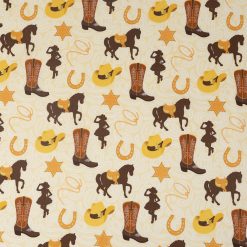 Western Cowgirl on Brown Novelty Cotton Fabric