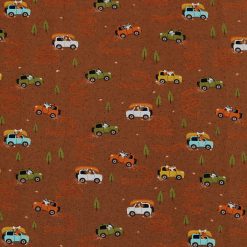 Animals In Camping Cars On Brown Super Snuggle Flannel Fabric by POP!