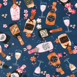 Champagne Flutes   Bottles on Blue Novelty Cotton Fabric