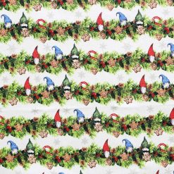 Green Gnome Garland Stripes Christmas Glitter Cotton Fabric