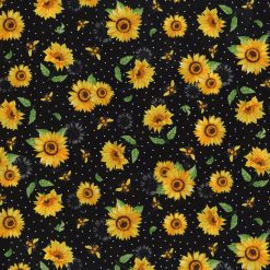 Hi Fashion Sunflowers And Bees Black Premium Print Cotton Fabric
