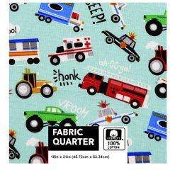 18 x 21 Beep Honk Vroom on Blue Novelty Cotton Fabric Quarter 1pc