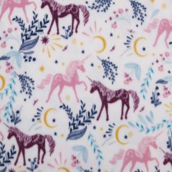 Unicorns   Leaves on White Anti Pill Fleece Fabric
