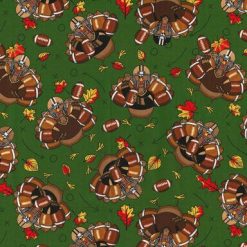Fall Football Turkeys on Green Cotton Fabric