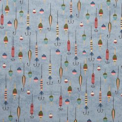 Fishing Hooks On Blue Novelty Prints Cotton Fabric