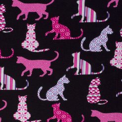 Novelty Cotton Fabric Patterned Pink Cats on Black