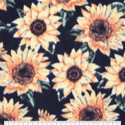 Sketched Sunflowers on Black Anti Pill Fleece Fabric