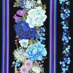 Hi Fashion Blue   Purple Floral Stripe Premium Metallic Cotton Fabric