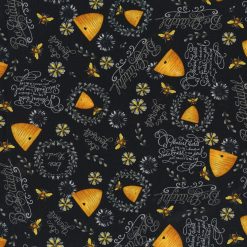 Hi Fashion Bee Hives And Phrases On Black Premium Print Cotton Fabric
