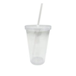 16oz Clear Plastic Tumbler With Straw by Happy
