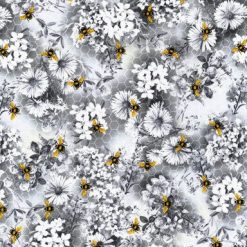 Hi Fashion Honey Bee Gray Floral Scene Premium Cotton Fabric