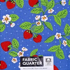 18 x 21 Strawberries on Blue Novelty Cotton Fabric Quarter 1pc