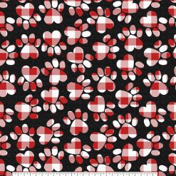 Plaid Paw Prints on Black Christmas Cotton Fabric