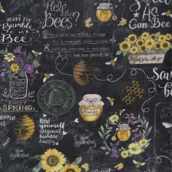 Hi Fashion Spring Bee Words on Black Premium Cotton Fabric