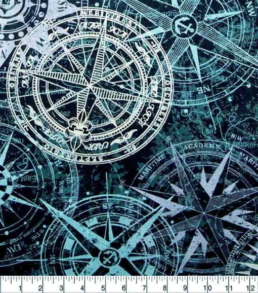 Compasses Teal Cream Novelty Cotton Fabric - Image 2