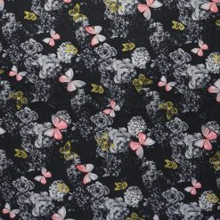Butterflies   Flowers on Black Premium Metallic Cotton Fabric